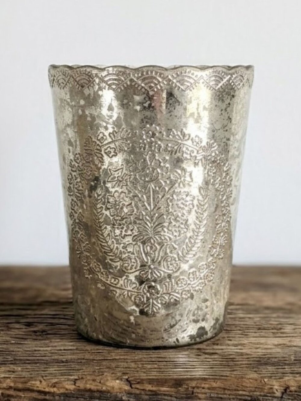 Vintage Glass Vase Floral Embossed Scalloped Rim Made in India Antique Style 7"